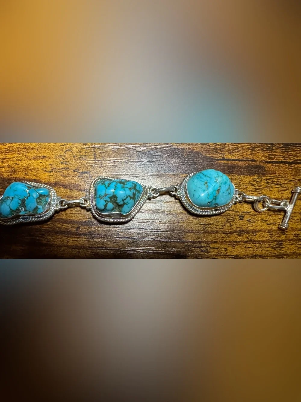 Blue Turquoise Cabachon Adjustable Bracelet Set In 925 Sterling Silver
